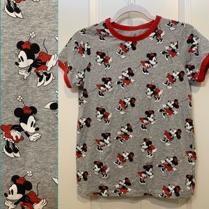 Rare Authentic Disney Minnie Mouse All Over Ringer T-Shirt Heathered Gray XS